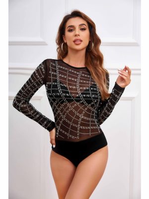 Women’s Long Sleeve Round Neck Rhinestone Mesh Jumpsuit