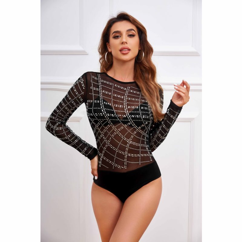 Women’s Long Sleeve Round Neck Rhinestone Mesh Jumpsuit