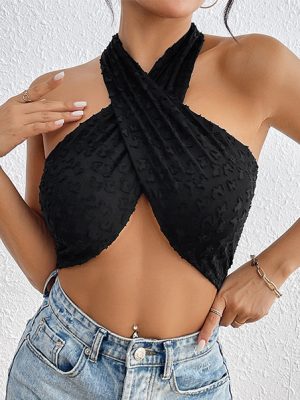 Black Knitted Tight Sleeveless Halter Top for Summer