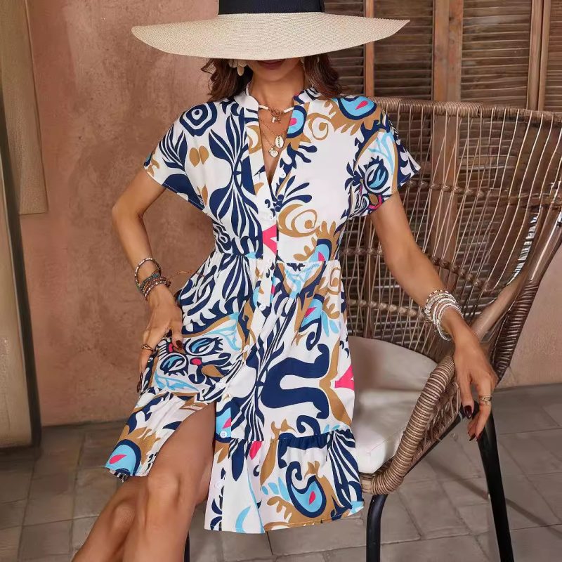Batwing Sleeve Printed Ruffle Dress - Elegant Short Hem Dress - Image 3