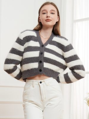 Knitted V-Neck Striped Buckle Cardigan Sweater for Women