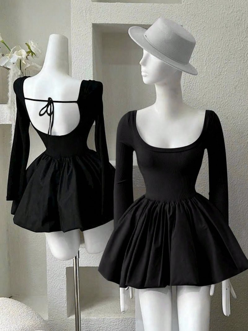 Plus Size U-Neck High Waist Lace-Up A-Line Dress for Women - Image 2