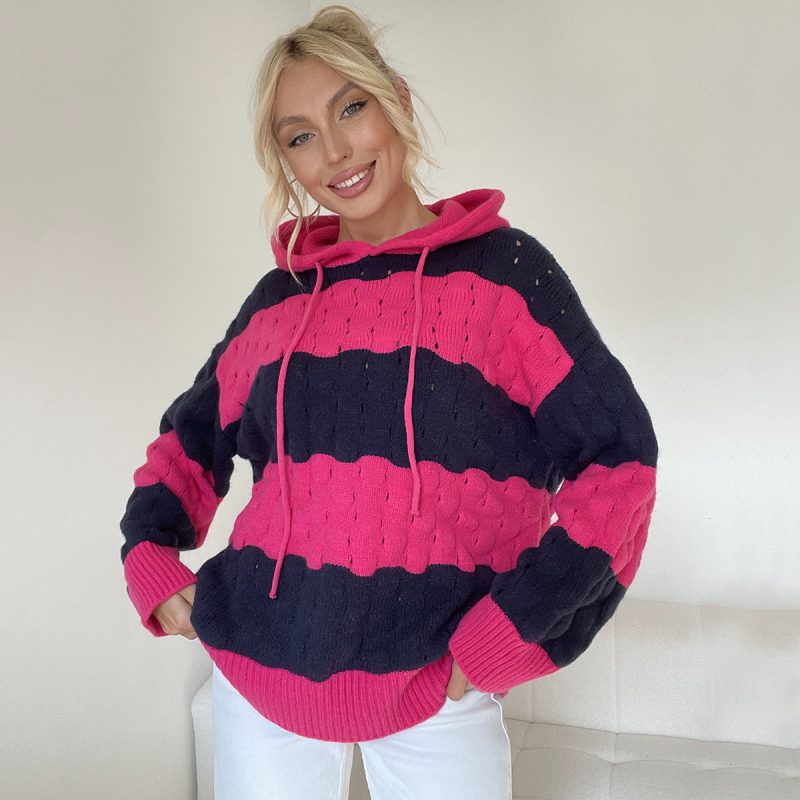 Autumn Winter Women Knitwear Striped Women Sweet Sweater Hoodie - Image 2