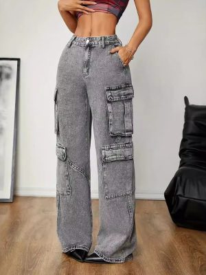 Distressed Smoky Gray Cargo Pants – High-Waist & Loose Fit