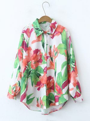 Women’s Floral Print Long Shirt – Loose Fit, Collared, Long Sleeves