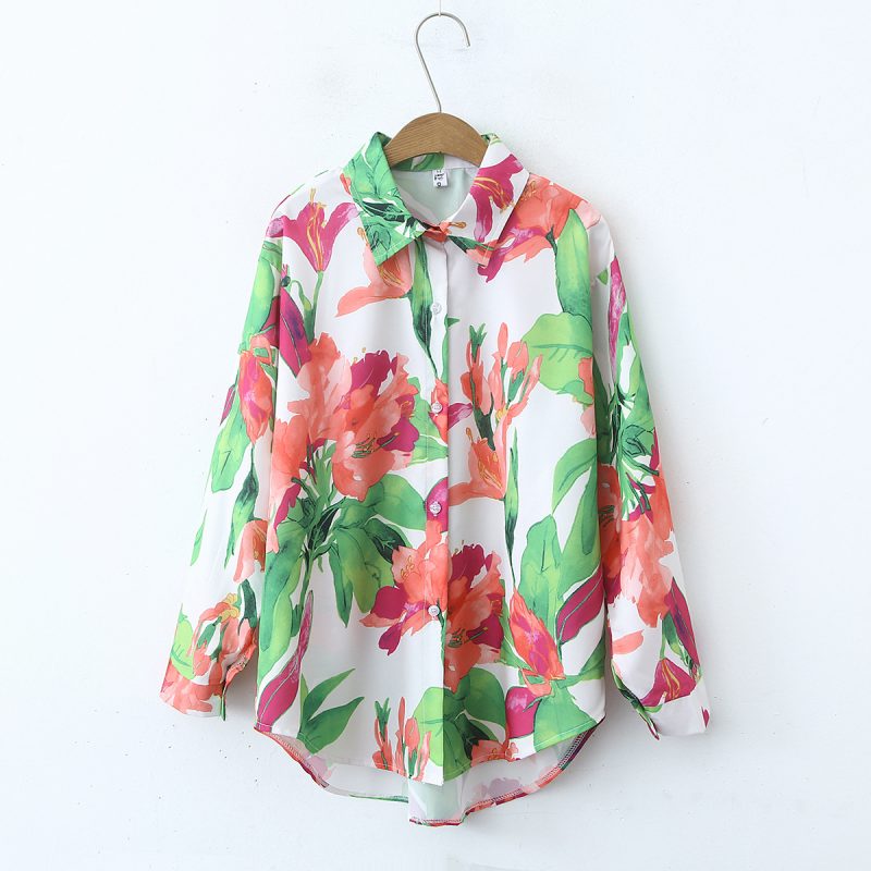 Women's Floral Print Long Shirt - Loose Fit, Collared, Long Sleeves