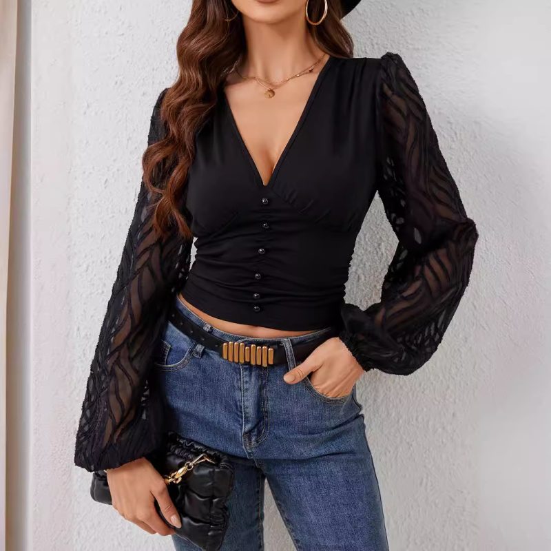 Chiffon Lantern Sleeve Ruffle V Neck Top - Slimming Long Sleeve