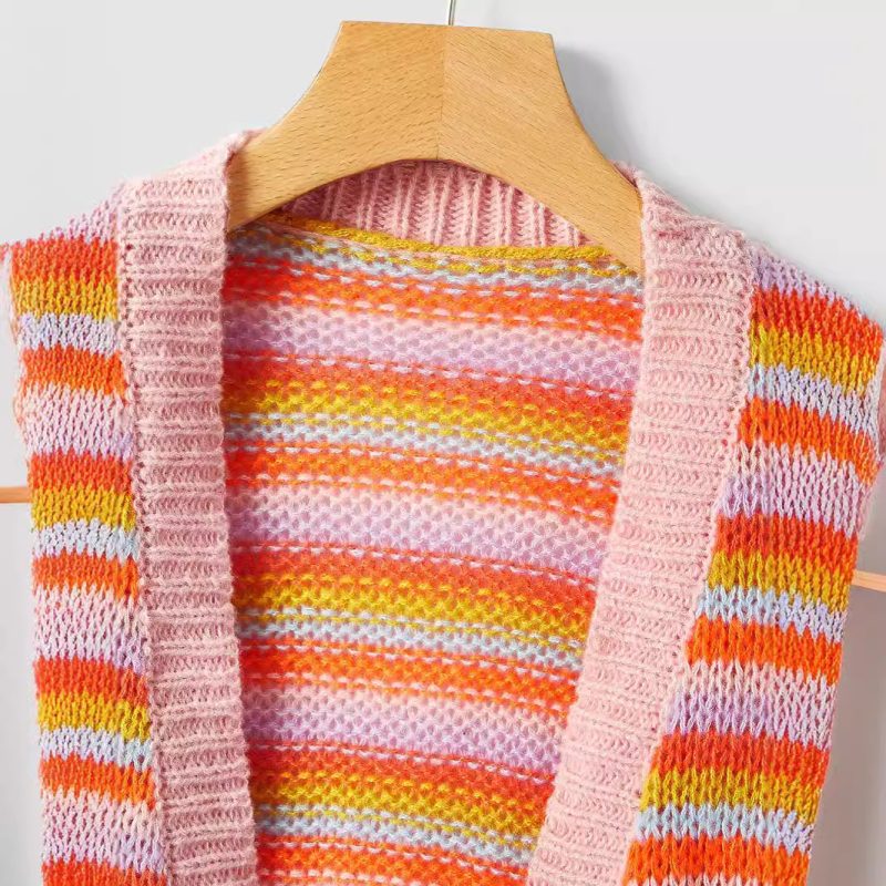 Striped Knitted Cardigan Coat - Buckle-Free Autumn/Winter - Image 2