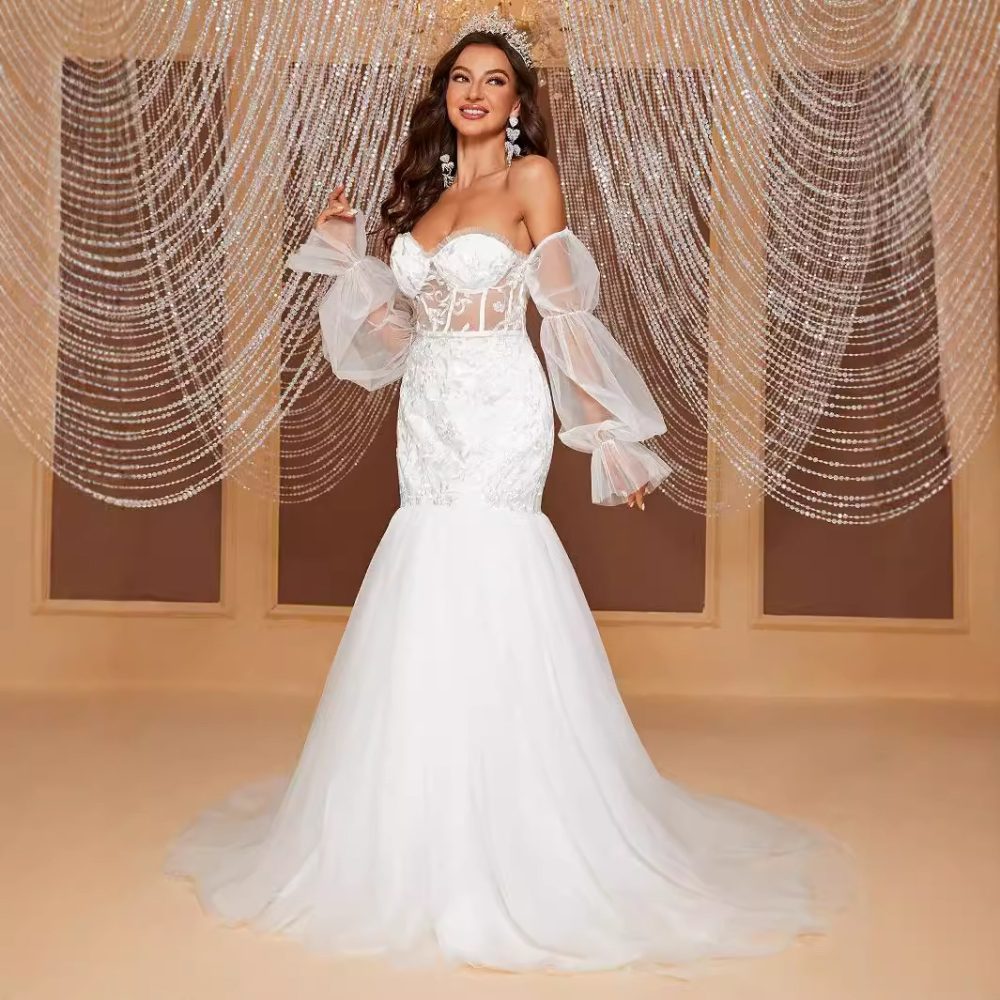 Elegant Off-Shoulder Tube Top Hollow Out Cutout Fishtail Bridal Wedding Dress - Image 4