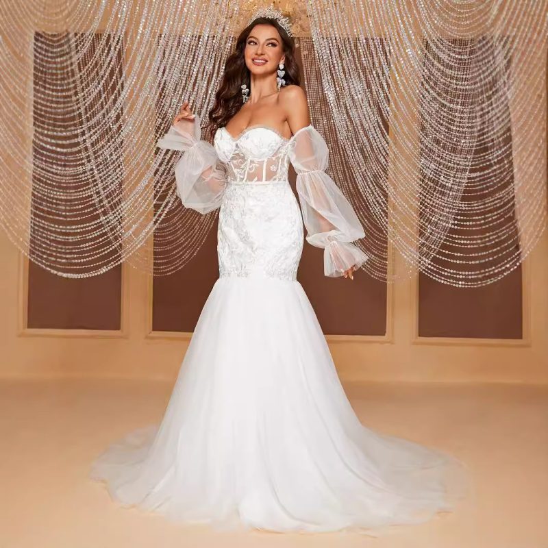 Elegant Off-Shoulder Tube Top Hollow Out Cutout Fishtail Bridal Wedding Dress - Image 4