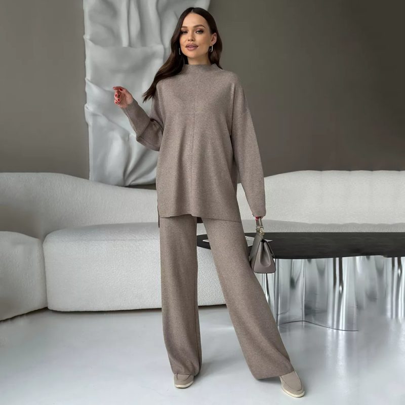 Stand Collar Sweater & Wide Leg Pants Set - Autumn/Winter - Image 3