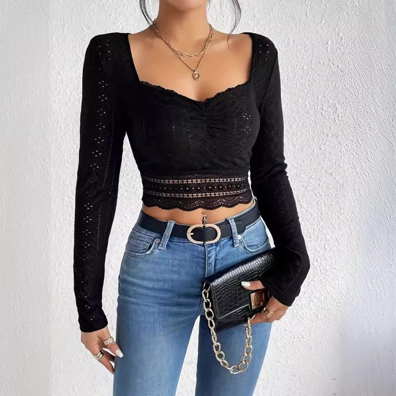 Lace Pleated Square Collar T-Shirt - Summer Long Sleeve - Image 2