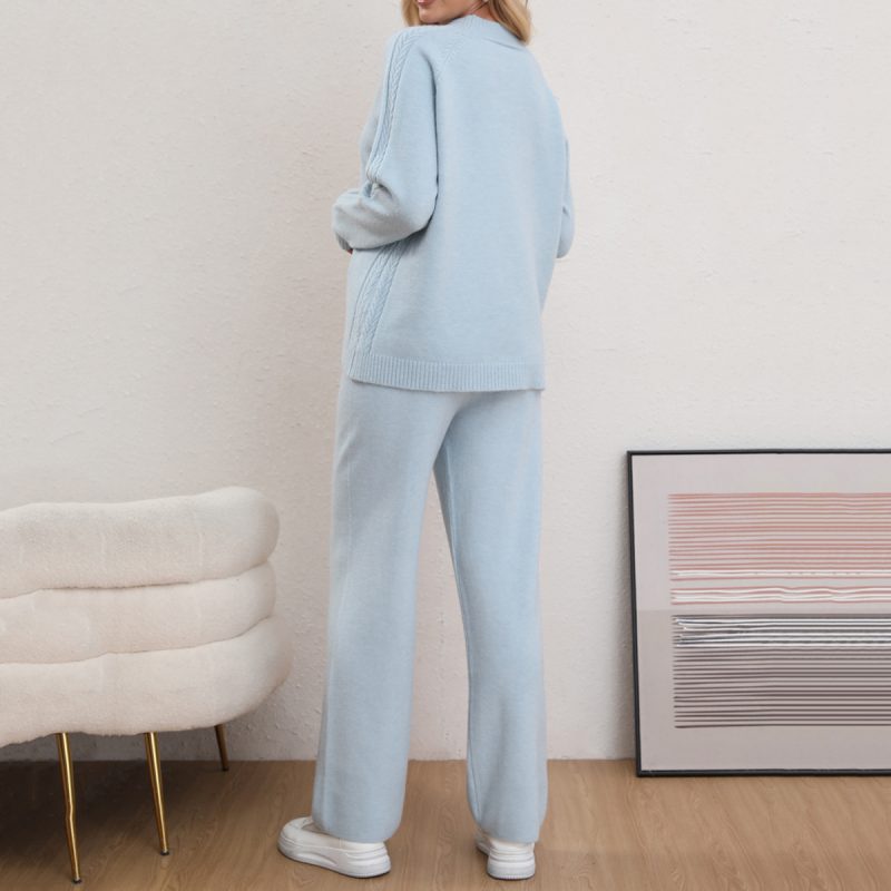 Solid Color Sweater & Knitted Trousers Set - Casual Two-Piece - Image 2