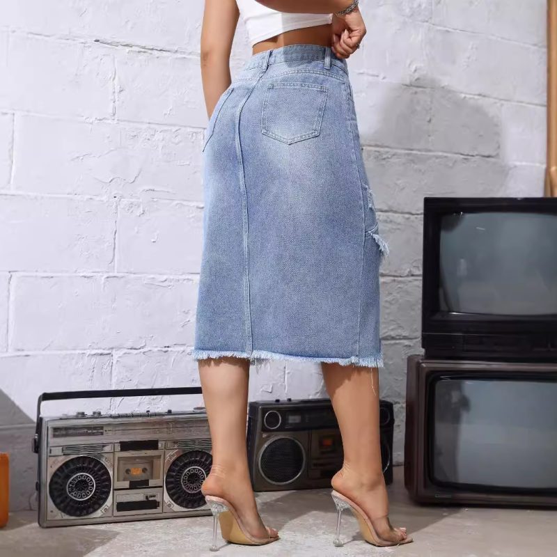 Women's High-Waist Denim Skirt with Raw Hem and Split - Image 2