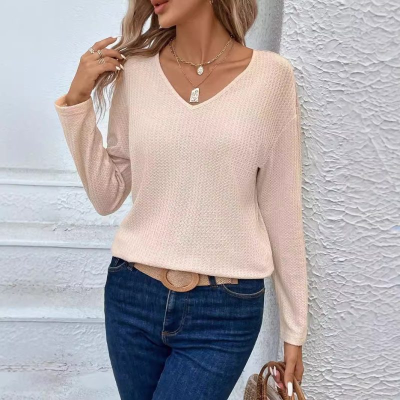 V-Neck Lace Back Tied Bow Top - Elegant Long Sleeve Autumn Winter - Image 2