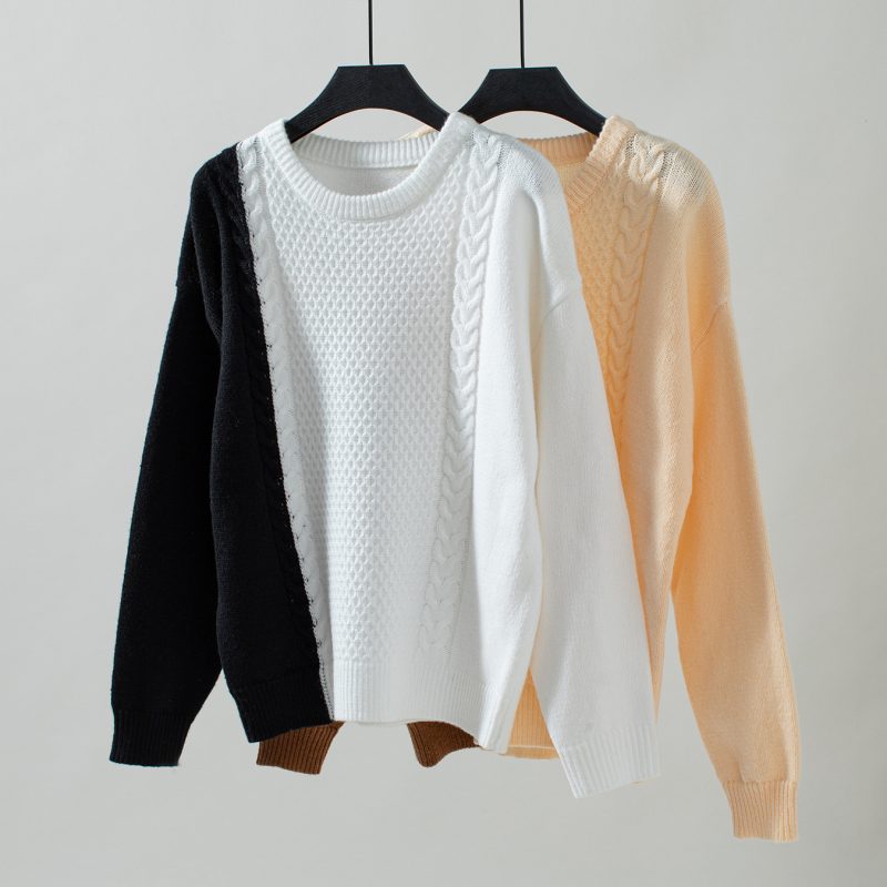 Contrast Color Twisted Sweater - Round Neck Autumn Winter Top - Image 5