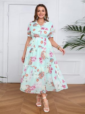 Plus Size Ruffled Tencel Chiffon Maxi Swing Dress