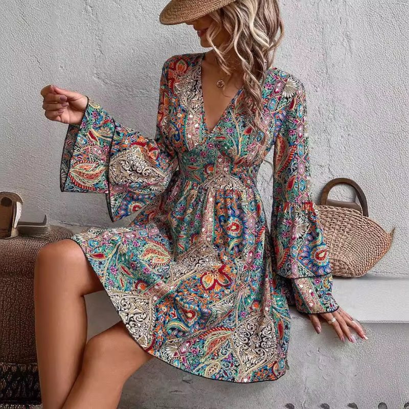 Elegant Floral Print V-Neck Dress - Autumn/Winter Flare Sleeves - Image 3