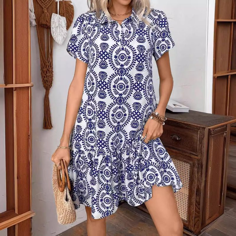 Floral Print Ruffled Hem Dress with Petal Short Sleeves