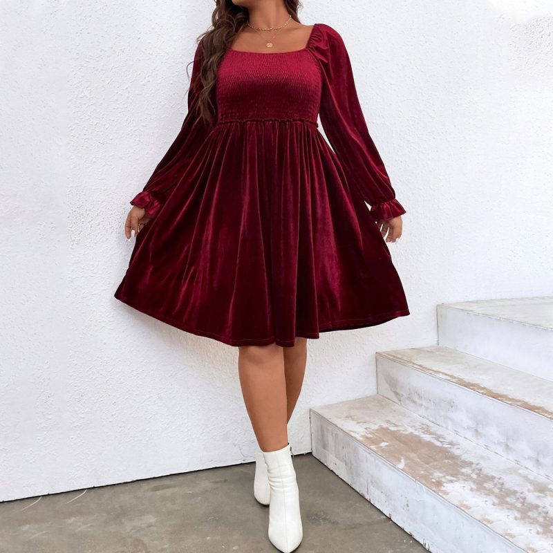 Plus Size Square Collar Ruched Wine Red Midi Dress for Women - Image 2