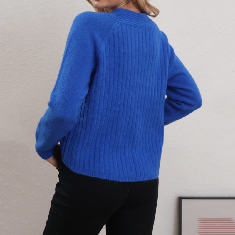 V-Neck Solid Color Ribbed Knitted Pullover - Fall/Winter - Image 2