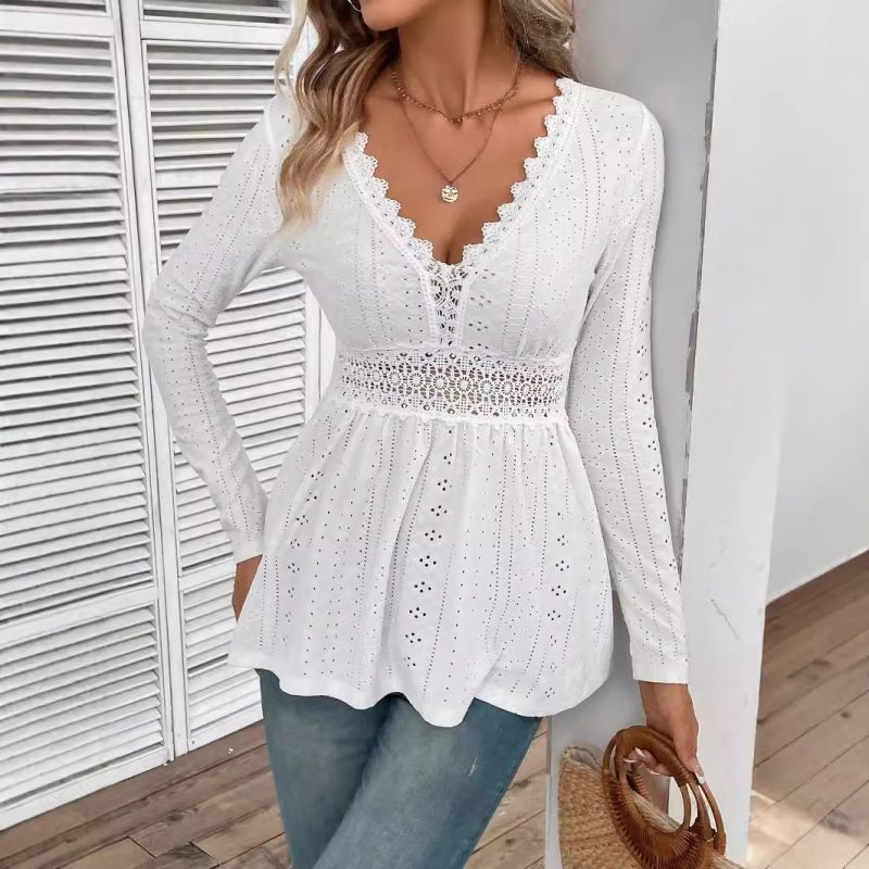 Elegant Solid Color V-Neck Lace T-Shirt - Autumn/Winter