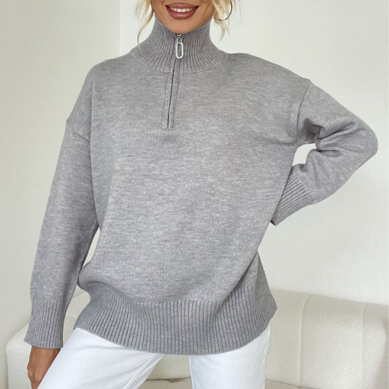 Zipper Long Sleeved Casual Knitwear Sweater for Women