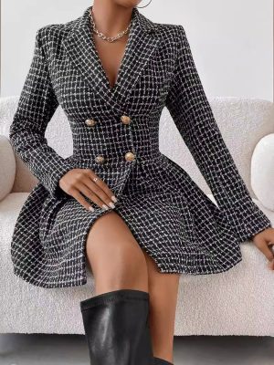 Winter Plaid V-Neck Dress Coat – Office Long Sleeve