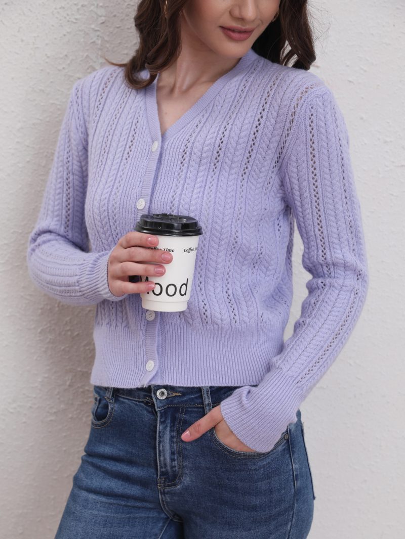 V-Neck Buckle Hollow Out Knitted Cardigan - Autumn/Winter - Image 3