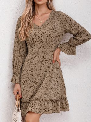 Floral V-Neck Ruffle Dress – High Waist, Long Sleeve