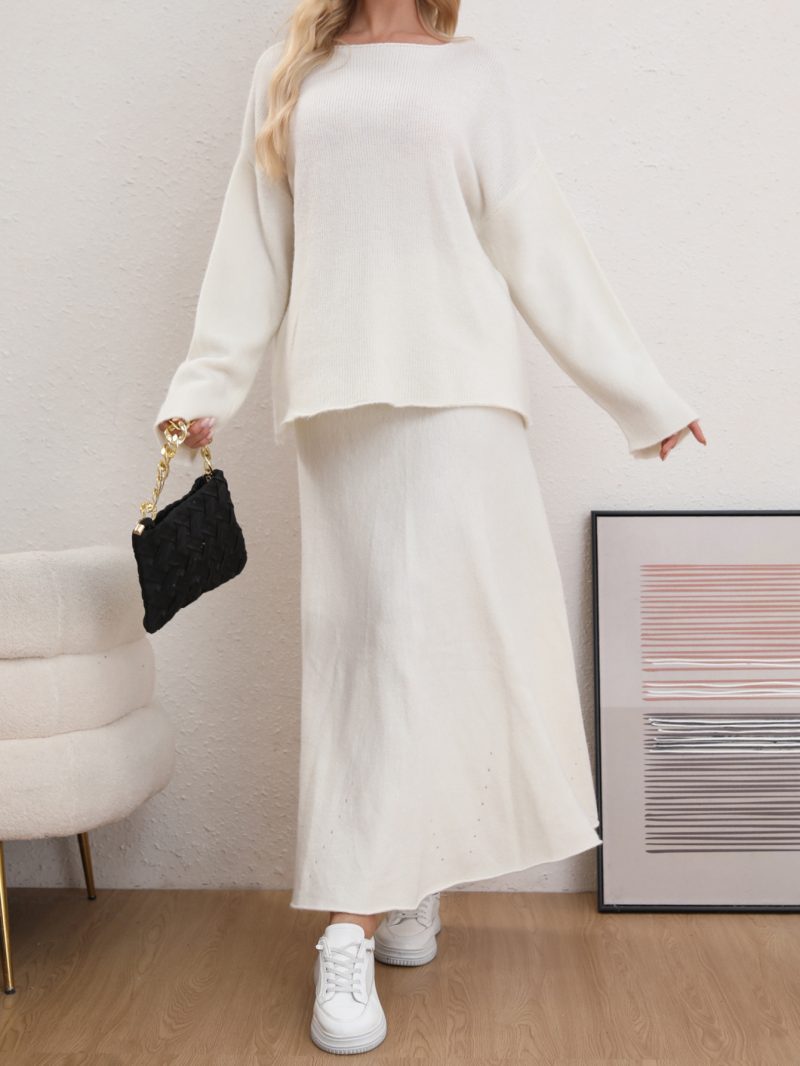 Solid Color Round Neck Sweater & Long Skirt Set - Casual Two-Piece - Image 6