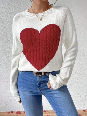 Love Jacquard Pullover Sweater – Loose Fit Autumn Winter