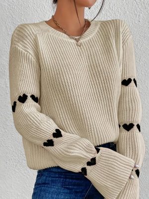 Heart Jacquard Sweater – Loose Solid Color Pullover with Flared Sleeves