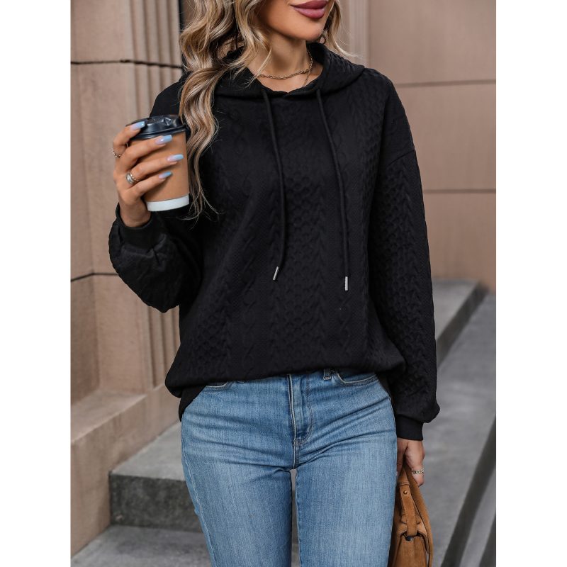 Spring Jacquard Hooded Sweater - Long Sleeve, Solid Color