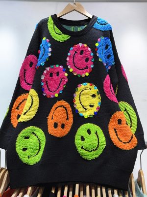 Smiley Bead Pullover – Loose Knit Autumn Winter Top