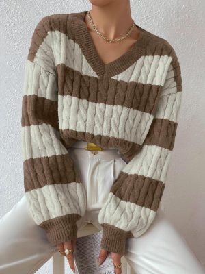 Lazy V-Neck Striped Sweater – Retro Loose Knit Autumn Winter