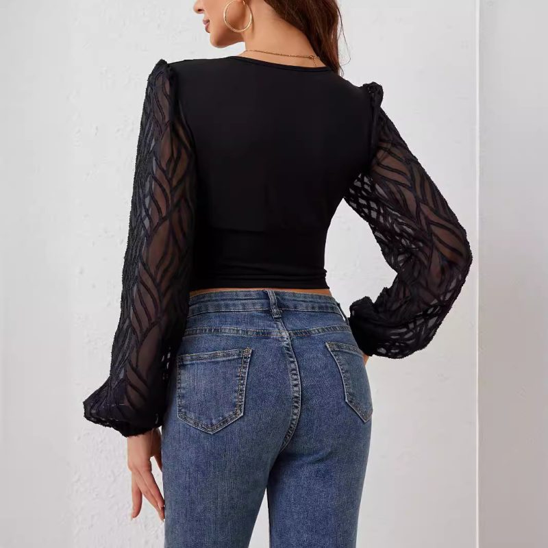 Chiffon Lantern Sleeve Ruffle V Neck Top - Slimming Long Sleeve - Image 2