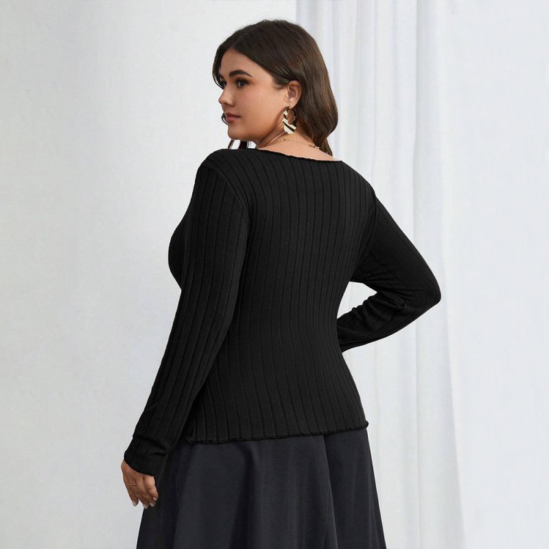 Plus Size Elegant Square Collar Slim Long Sleeve T-Shirt - Image 3