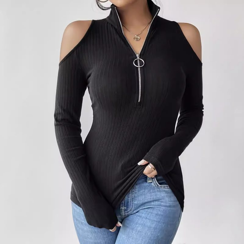 Slimming Off-Shoulder Ribbed Stand Collar Long Sleeve Top - Image 4
