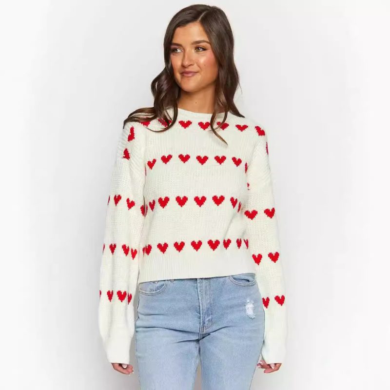 Love Heart Jacquard Sweater - Two-Color Contrast Long Sleeve - Image 3