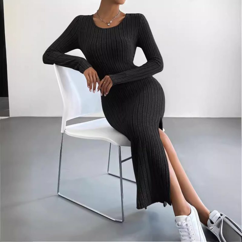 Long Sleeve Crew Neck Split Maxi Dress - Autumn/Winter - Image 4