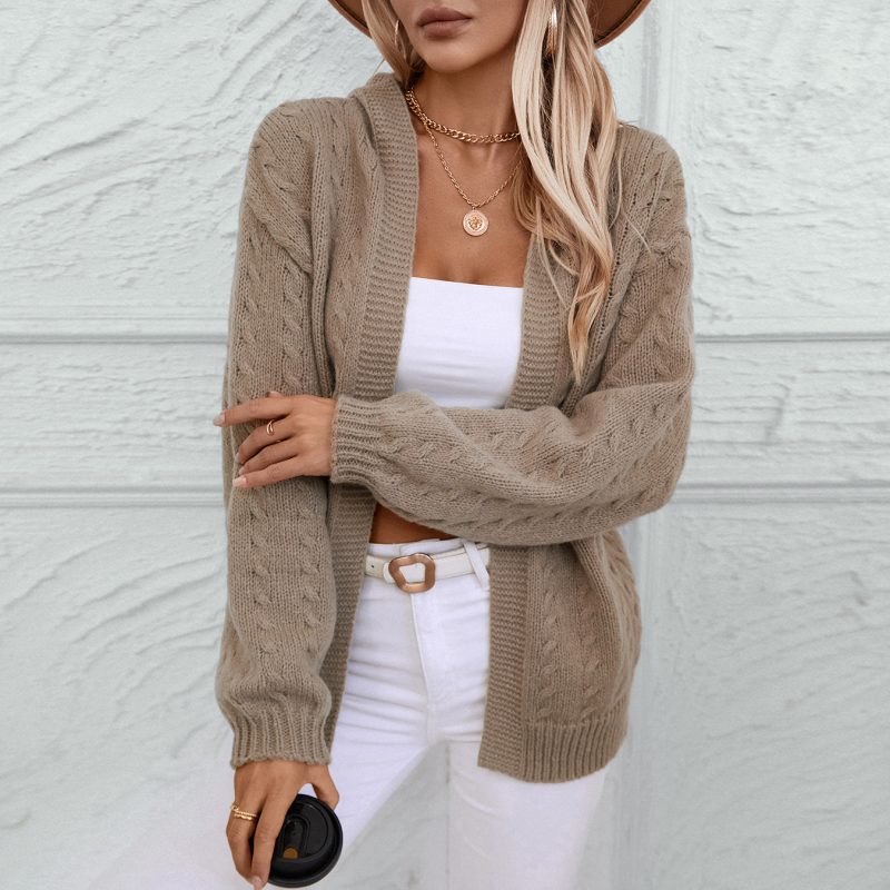Solid Color Hooded Knit Cardigan - Retro Long Sleeve - Image 4