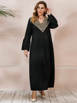 Plus Size Middle East Muslim Long Sleeve Embroidered Dress