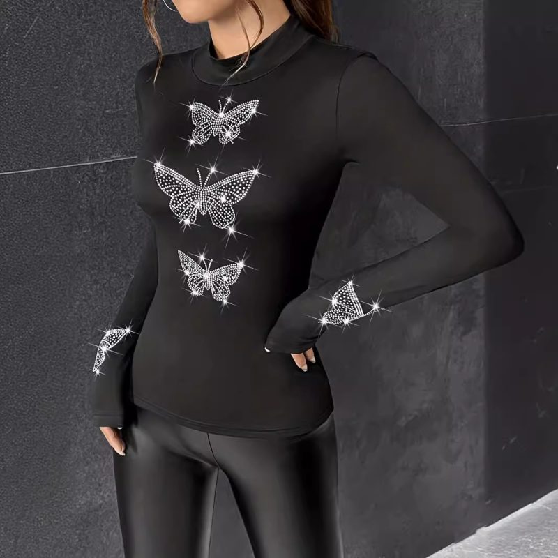Autumn/Winter Rhinestone Butterfly Long Sleeve Top - Image 3