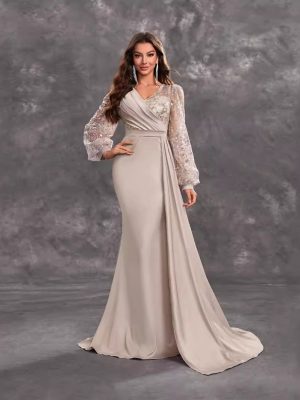 Elegant V-Neck Sequined Satin Long Sleeve Evening Gown for Women