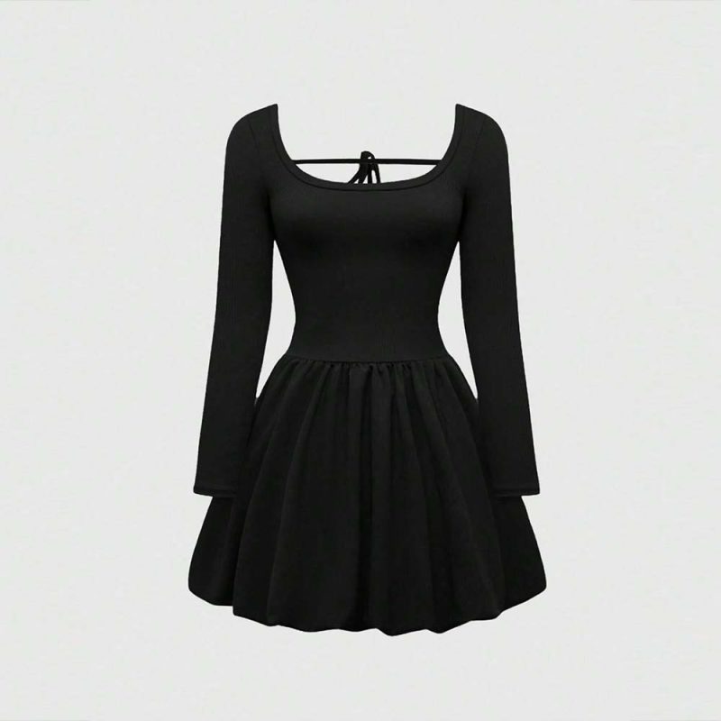 Plus Size U-Neck High Waist Lace-Up A-Line Dress for Women