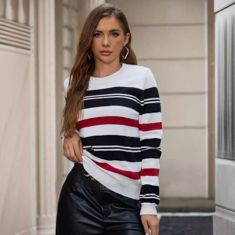 Classic Striped Pullover - Round Neck Knitted Casual Top - Image 2