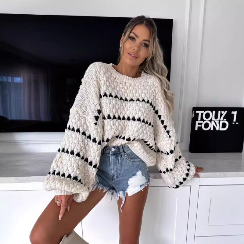 Thick Twist Stripe Sweater - Round Neck Autumn Winter - Image 2