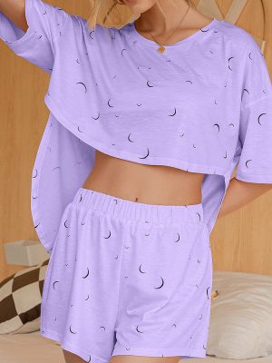 Casual Printed Short Sleeve Coat and Shorts Set for Women