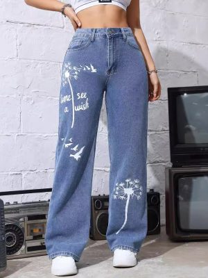 Stylish High-Waist Printed Jeans – Baggy Straight Trousers